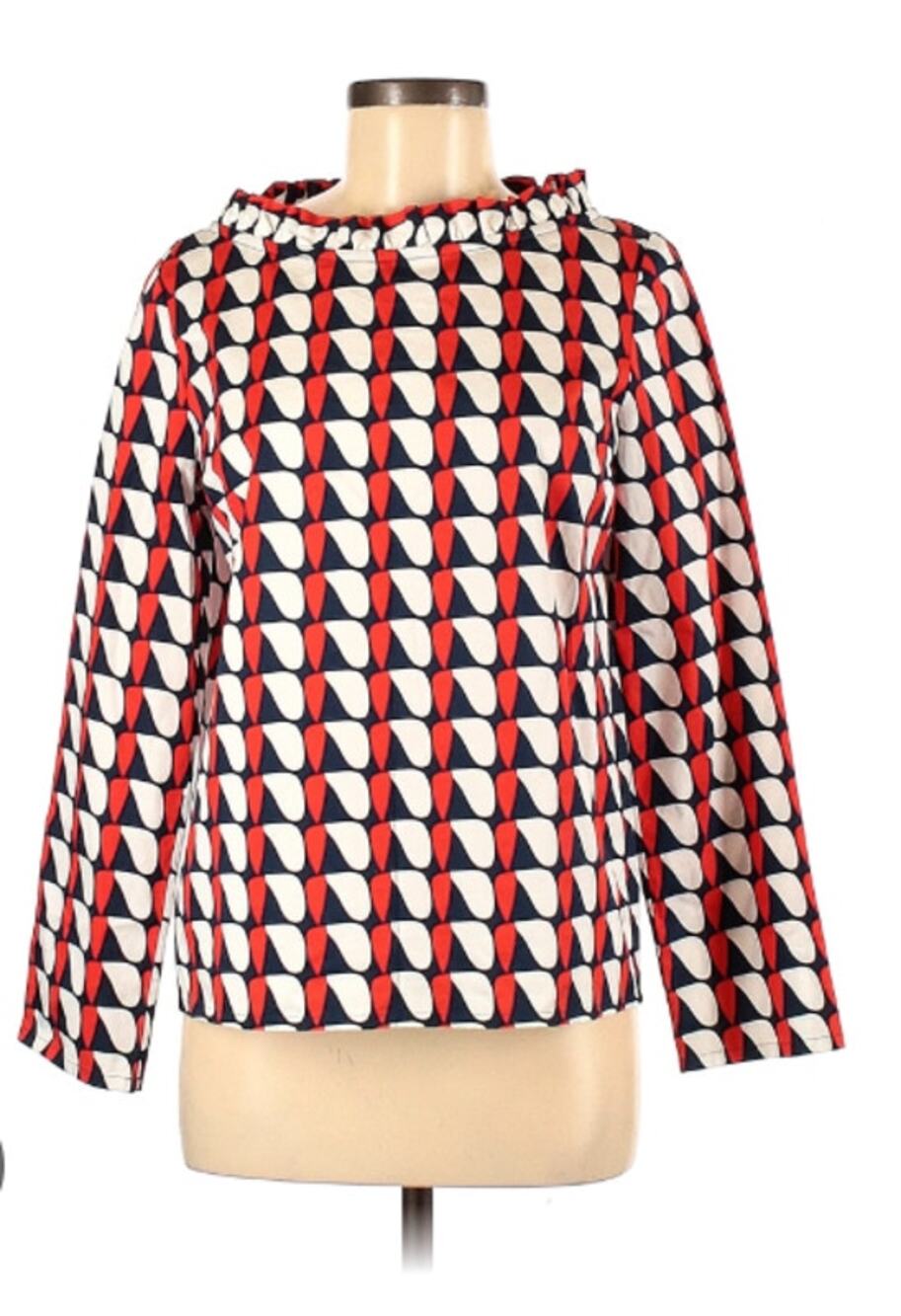 Cos Ruffle Neck Geometric Long Sleeve Poplin Top Red Blue Cotton Size 6 NEW